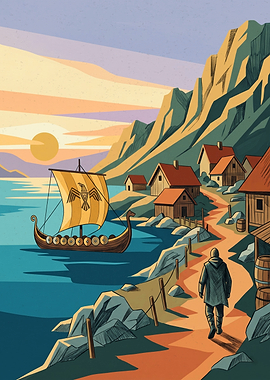 Viking Village And Longship Landscape History Illustration Minimalist Art