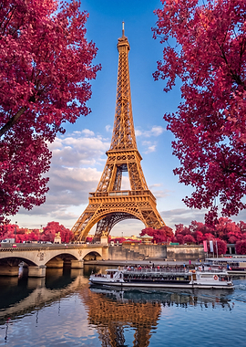 Eiffel Tower with Vibrant Pink Trees
