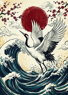 Japanese Crane Over Waves Traditional Art Ukiyo-e Poster