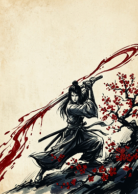 Samurai Japanese Art Ink Wash Painting Cherry Blossom Warrior Poster