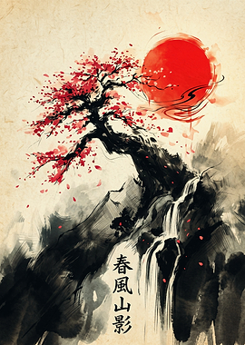 Japanese Cherry Blossom Bonsai And Red Sun Sumi E Ink Painting
