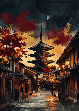 Japanese Pagoda Alley Landscape Cityscape Watercolor Ink Painting Art Print