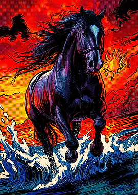 Black Horse Running Sunset Retro Ar