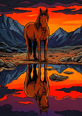 Horse Beach Full Moon Retro Poster