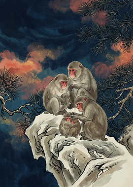 Snow Monkeys Family Japanese Ukiyo-e Art Style Traditional Wildlife Nature