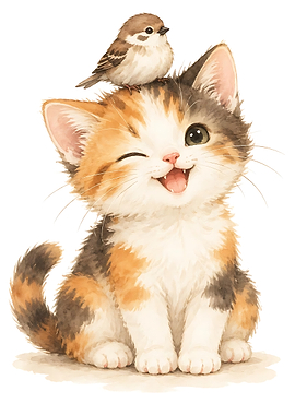 Cute Calico Kitten with Little Bird