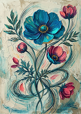 Blue And Pink Flowers Botanical Floral Impasto Painting