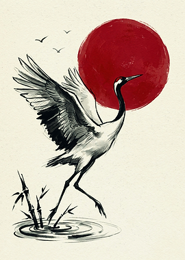 Japanese Crane Red Sun Asian Art Print Sumi E Ink Painting
