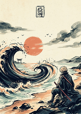 Samurai Ocean Sunset Japanese Art Ukiyo E Style Print