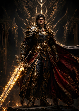 Golden Armored Warrior with Flaming Sword