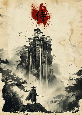 Samurai Mountain Landscape Japanese Ink Wash Painting Art Print