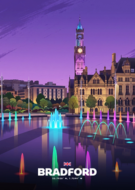 Bradford Cityscape with Illuminated Fountains