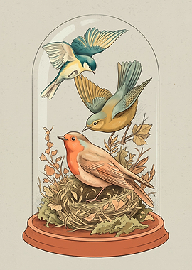Birds In Glass Dome Nature Birds Art Vintage Botanical Illustration
