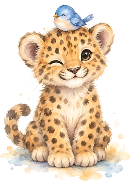 Cute Baby Leopard with Blue Bird