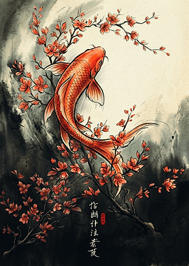 Koi Fish Cherry Blossom Japanese Art Print Traditional Painting