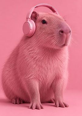 Pink Capybara Wearing Headphones