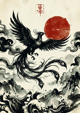 Black Phoenix Rising Red Sun Japanese Ink Painting Asian Art