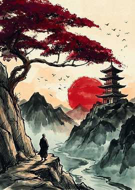 Japanese Temple Monk Red Sun Landscape Asian Art Ink Wash Painting Style