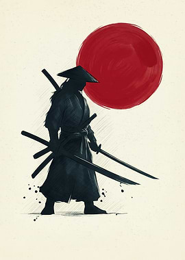 Japanese Samurai Warrior With Katana Swords And Red Sun Sumi E Art Style