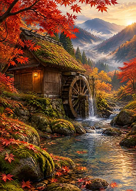 Autumn Watermill in Japanese Mountains