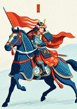 Samurai Horse Riding Warrior Japan Culture Ukiyo E Art Style