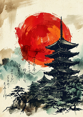 Japanese Pagoda Red Sun Ink Wash Painting Asian Architecture Art Style
