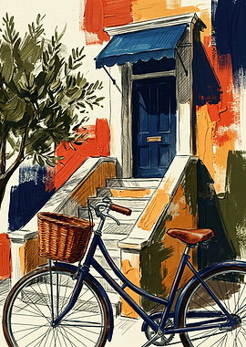 Blue Bicycle And Door Cityscape Clear Brush Strokes