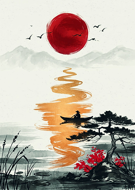 Japanese Boat Red Sun Landscape Asian Art Print