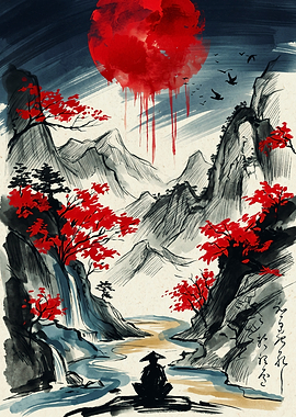 Samurai Mountain Red Sun Landscape Japanese Ink Wash Art Print