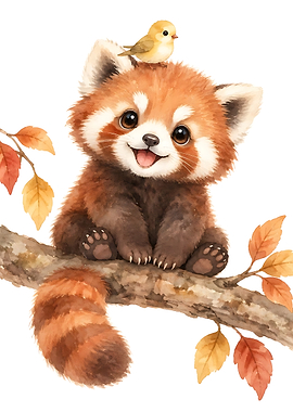 Cute Red Panda with Little Bird