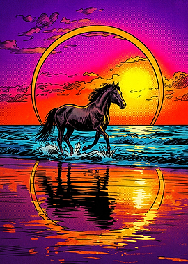 Horse Sunset Beach Retro Poster