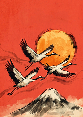 Flying Cranes Mountain Sun Japanese Art Print Poster