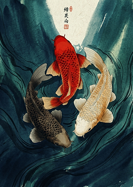 Three Koi Fish Swimming Japanese Art Print Traditional Watercolor Painting Wall Decor