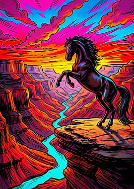 Horse Canyon Neon Trippy Art Poster