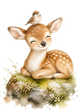 Cute Baby Deer and Sparrow