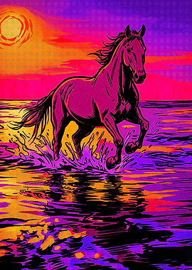 Horse Ocean Beach Retro Synthwave