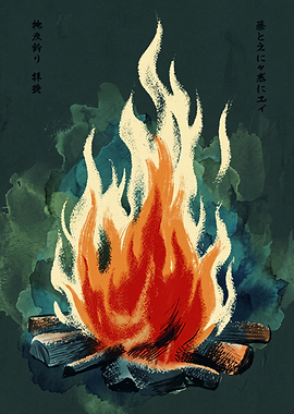 Campfire Bonfire Flame Japanese Art Print Minimalist Brush Strokes Poster