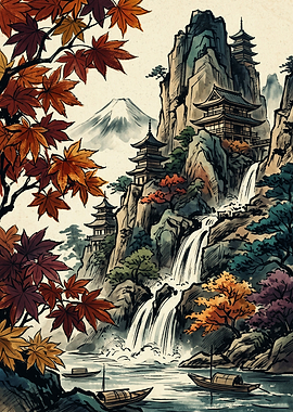 Japanese Temple Landscape Autumn Maple Trees Mount Fuji Ukiyo E Art Print