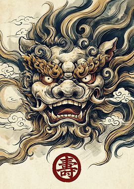 Fierce Foo Dog Mythical Beast Asian Culture Traditional Ink Wash Art