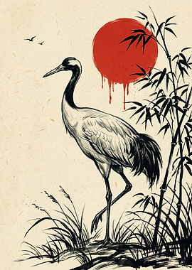 Japanese Crane And Bamboo Red Sun Art Japanese Niche Pencil Sketch