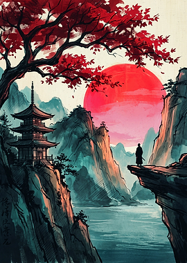 Samurai Temple Red Sun Landscape Japanese Art Print Minimalist Ink Brush Painting