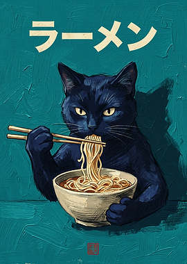 Black Cat Eating Ramen Cats Japanese Art