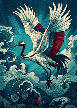 Japanese Crane Flying Over Ocean Waves Traditional Ukiyo E Art Print