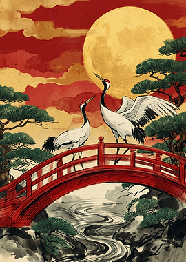 Japanese Cranes Red Bridge Asian Art Ukiyo E Style Landscape