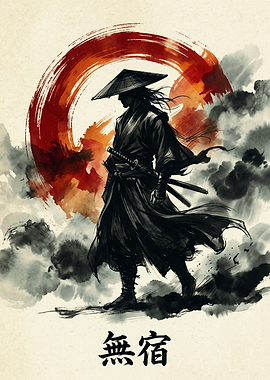 Samurai Ronin Japanese Warrior Traditional Ink Painting Art Poster Design