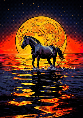 Horse Running Sunset Comic Poster