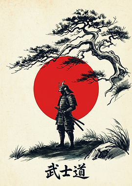 Samurai Japanese Art Bonsai Tree Red Sun Japan Poster