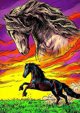 Horse Moon Neon Retro Art Poster