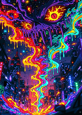 Psychedelic Cosmic Monster Over City