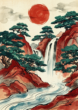 Japanese Waterfall Red Sun Landscape Painting Traditional Ukiyo E Art Style